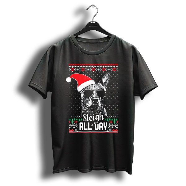 Sleigh All Day Funny Australian Cattle Dog Christmas Santa Hat Sunglasses Festive Knit T Shirt 1 t shirt 1