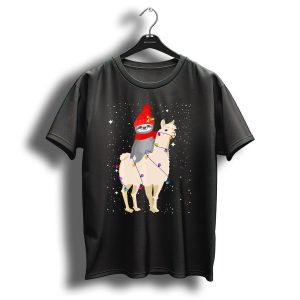 Sloth In Red Beanie And Scarf Riding Llama With Christmas Lights T Shirt