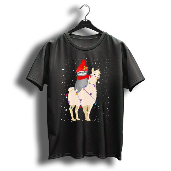Sloth In Red Beanie And Scarf Riding Llama With Christmas Lights T Shirt 1 t shirt 1