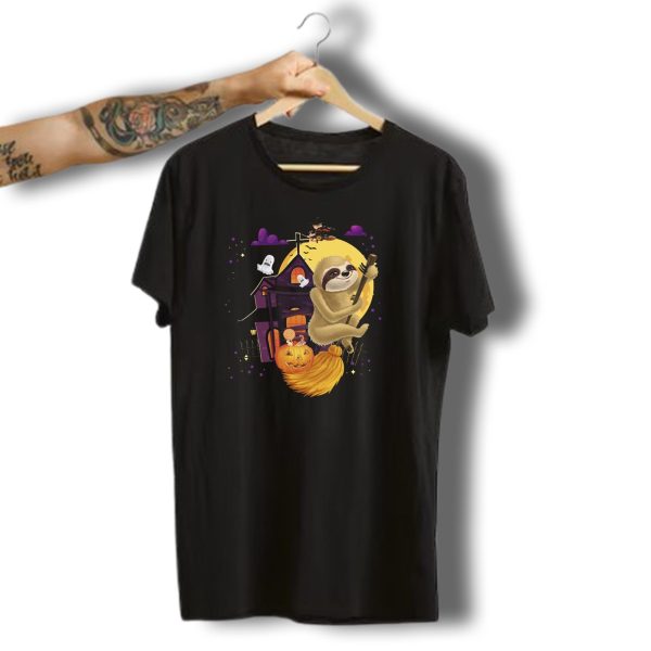 Sloth Riding Broomstick In Front Of Haunted House With Pumpkin And Ghosts Halloween Scene T Shirt t shirt 1
