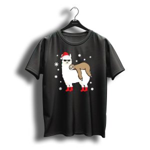 Sloth Riding Llama Santa Hat Sunglasses Christmas Snowflakes T-Shirt
