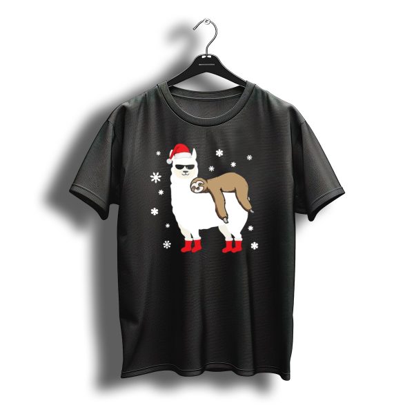 Sloth Riding Llama Santa Hat Sunglasses Christmas Snowflakes T Shirt t shirt 1
