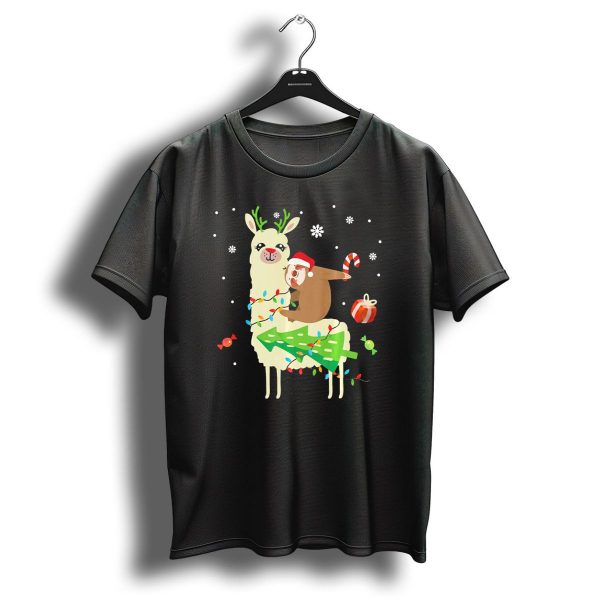 Sloth Santa Riding A Llama With Candy Cane And Christmas Lights T Shirt 1 t shirt 1