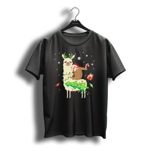 Sloth Santa Riding A Llama With Candy Cane And Christmas Lights T-Shirt
