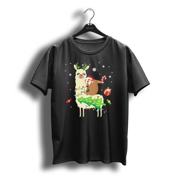 Sloth Santa Riding A Llama With Candy Cane And Christmas Lights T Shirt t shirt 1