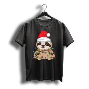 Sloth Wrapped In Christmas Lights Wearing Santa Hat For Kids Xmas T-Shirt