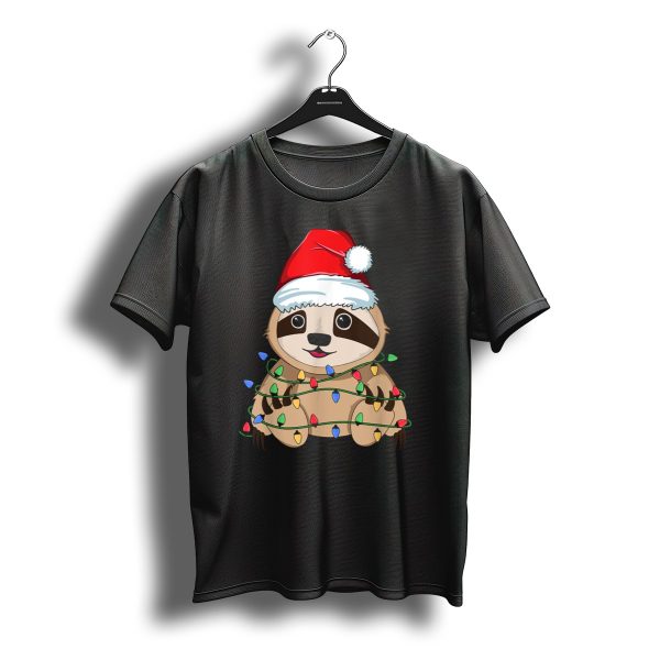 Sloth Wrapped In Christmas Lights Wearing Santa Hat For Kids Xmas T Shirt t shirt 1