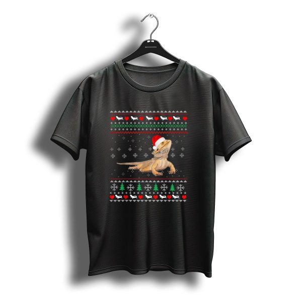 Smiling Bearded Dragon Christmas Ugly Sweater Pattern With Santa Hat T Shirt t shirt 1