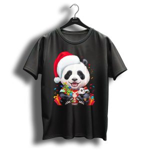 Smiling Giant Panda Bear With Christmas Lights And Santa Hat T Shirt