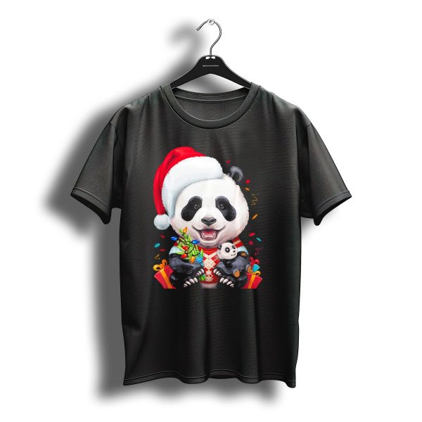 Smiling Giant Panda Bear With Christmas Lights And Santa Hat T Shirt t shirt 1