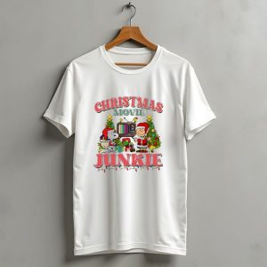 Snoopy And Charlie Brown Christmas Movie Junkie With Tv And Gifts T-Shirt