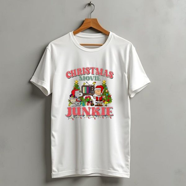 Snoopy And Charlie Brown Christmas Movie Junkie With Tv And Gifts T Shirt 1 t shirt 1