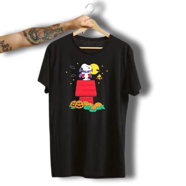 Snoopy And Woodstock As Vampires With Pumpkins Under Moonlit Halloween Sky T Shirt t shirt 1
