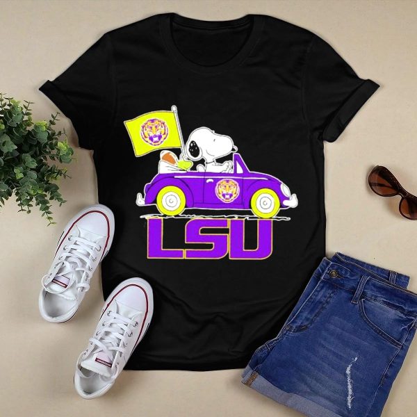 Snoopy and Woodstock Driving Purple LSU Car with Flag T Shirt Black 1