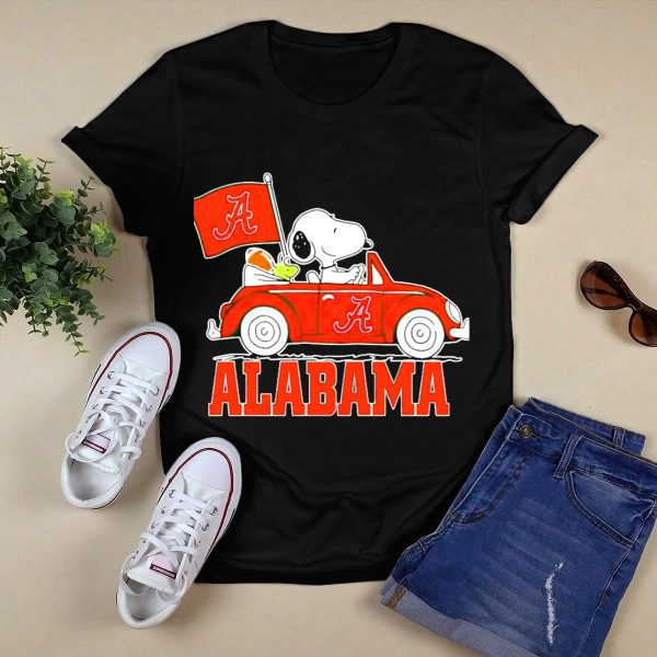 Snoopy and Woodstock Driving Red Car Alabama Crimson Tide Flag T Shirt Style 1 Black 1
