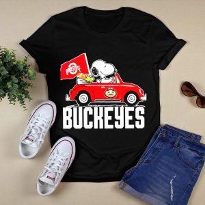 Snoopy And Woodstock Driving Red Car With Ohio State Buckeyes Flag T Shirt