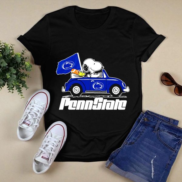 Snoopy and Woodstock Penn State Nittany Lions Driving Car with Flag T Shirt Black 1