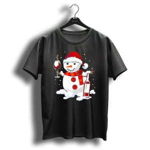 Snowman With Santa Hat And Scarf Holding Wine Glass And Bottle Christmas Drinking T Shirt