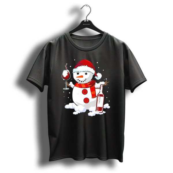 Snowman With Santa Hat And Scarf Holding Wine Glass And Bottle Christmas Drinking T Shirt 1 t shirt 1