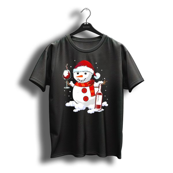 Snowman With Santa Hat And Scarf Holding Wine Glass And Bottle Christmas Drinking T Shirt t shirt 1