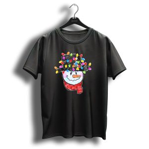 Snowman Wrapped In Colorful Christmas Lights With Black Top Hat And Red Scarf T Shirt