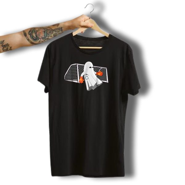 Soccer Halloween Ghost In Goalkeeper Gloves With Soccer Net T Shirt t shirt 1