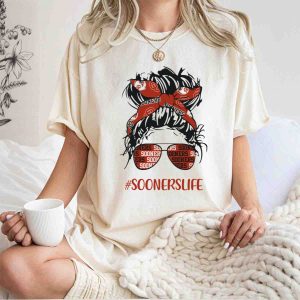 Soonerslife Messy Bun Girl Headband Glasses Oklahoma Sooners T-Shirt