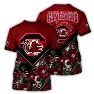 South Carolina Gamecocks Big Logo And Flower All-Over Print T Shirt