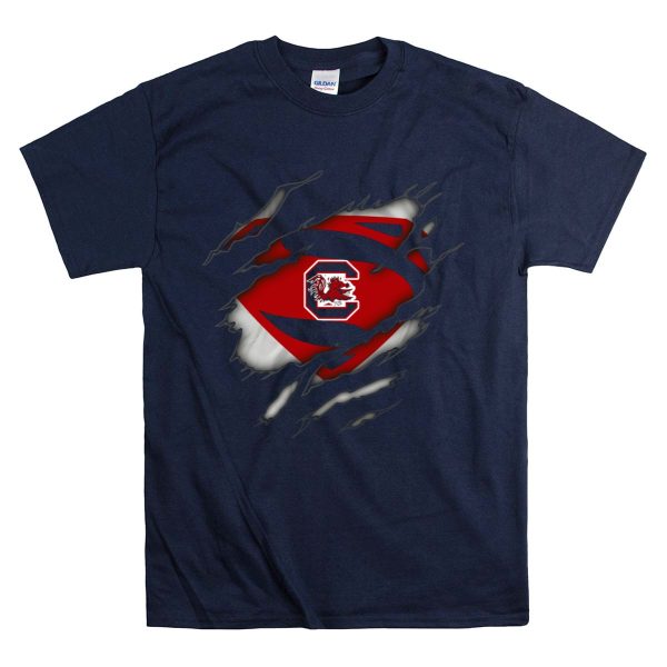 South Carolina Gamecocks Logo Superman Style Ripped Chest T Shirt 1 Navy