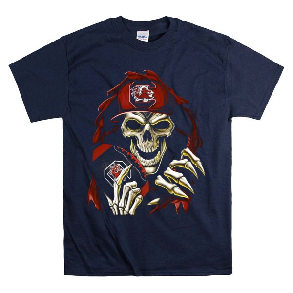 South Carolina Gamecocks Skull Holding Football T Shirt 1 Navy