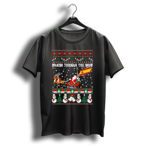 Spanish Through The Snow With Santa And Reindeer Sleigh And Spanish Flag Ugly Christmas T Shirt