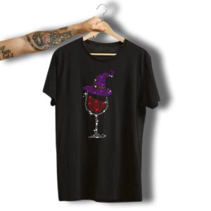Sparkling Purple Witch Hat Red Wine Glass Halloween T-Shirt