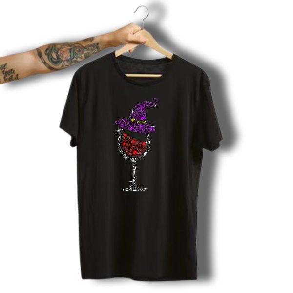 Sparkling Purple Witch Hat Red Wine Glass Halloween T Shirt 1 t shirt 1