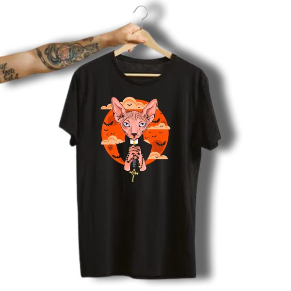 Sphynx Cat Priest With Rosary And Halloween Bats T Shirt t shirt 1