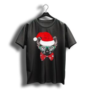 Sphynx Cat Santa Hat Christmas Glasses Red Bowtie T-Shirt