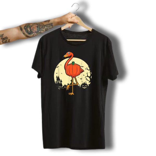 Spooky Flamingo Pumpkin Halloween Cute Bird Lover Haunted Moonlit Scene T Shirt t shirt 1