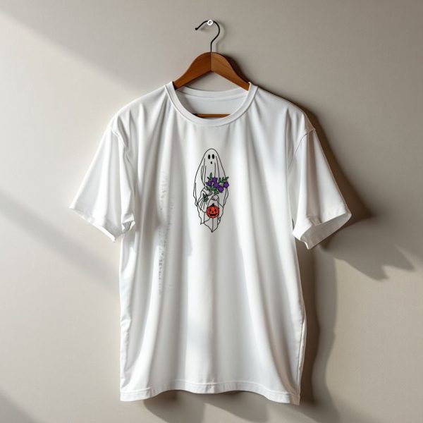 Spooky Ghost With Pumpkin And Purple Flowers Retro Halloween T Shirt t shirt 1