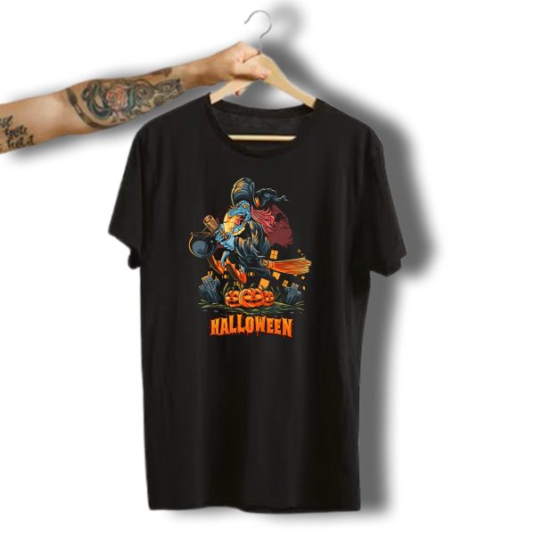 Spooky Halloween Witch Riding Broomstick With Pumpkins And Graveyard T Shirt t shirt 1