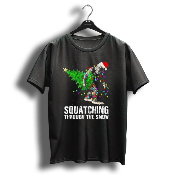 Squatching Through The Snow Bigfoot Christmas Lights Santa Hat T Shirt 1 t shirt 1