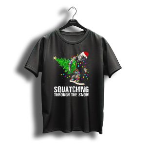 Squatching Through The Snow Bigfoot Christmas Lights Santa Hat T-Shirt