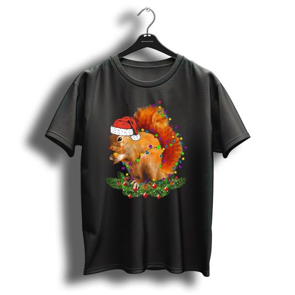 Squirrel In Santa Hat With Christmas Lights And Pine Branches T Shirt 1 t shirt 1