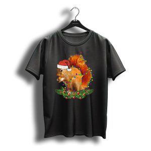Squirrel In Santa Hat With Christmas Lights And Pine Branches T-Shirt