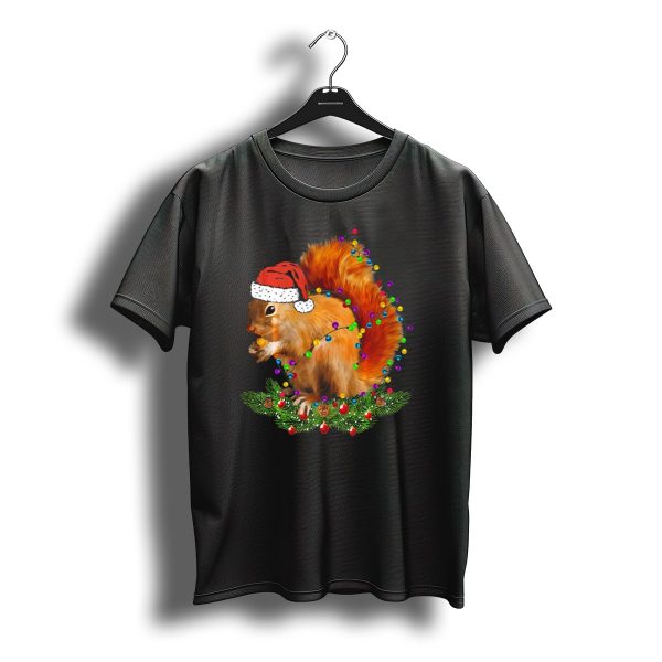 Squirrel In Santa Hat With Christmas Lights And Pine Branches T Shirt t shirt 1