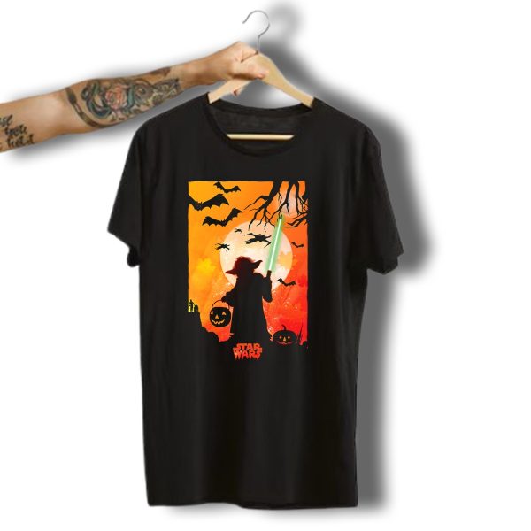 Star Wars Yoda Halloween Silhouette Lightsaber Moon Bats Pumpkins T Shirt t shirt 1