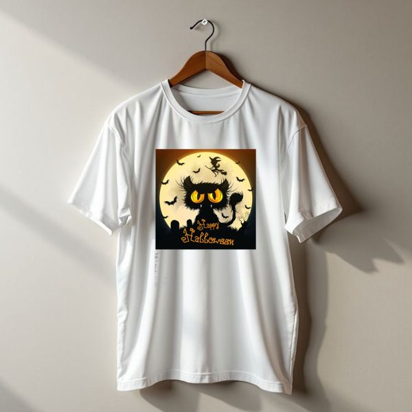 Starry Halloween Cat With Witch And Bats T Shirt t shirt 1