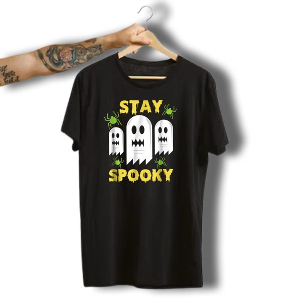Stay Spooky Funny Halloween Ghosts With Green Spiders T Shirt t shirt 1
