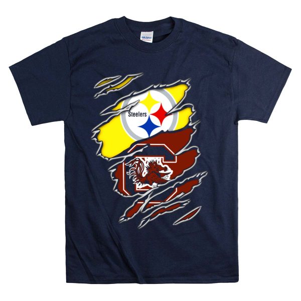 Steelers Gamecocks Logo Mashup with Scratch Marks T Shirt 1 Navy