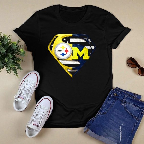 Steelers Michigan Wolverines Superman T Shirt Black 1
