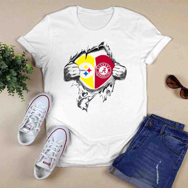 Steelers and Alabama Crimson Tide Heart T Shirt Style 1 0