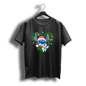 Stitch Christmas Santa Hat Holiday Wreath Snowflakes T-Shirt